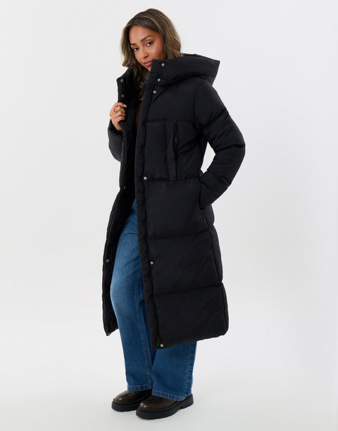 Threadbare Showerproof Maxi Puffer Coat in Black - front view pose