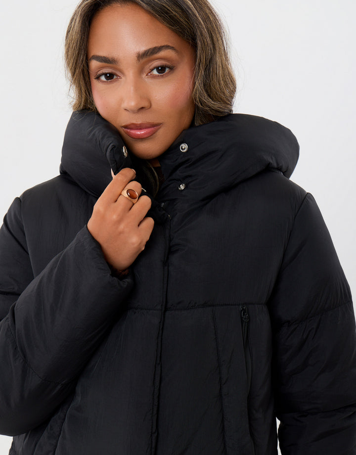 Threadbare Showerproof Maxi Puffer Coat in Black - close up