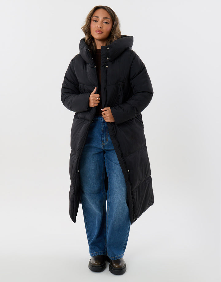 Threadbare Petite Showerproof Maxi Puffer Coat in Black - full body pose