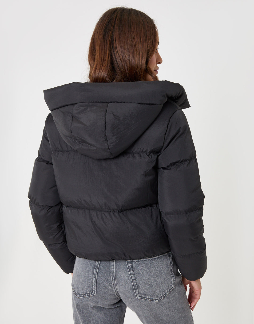Threadbare Showerproof Cropped Puffer Coat in Black - back view