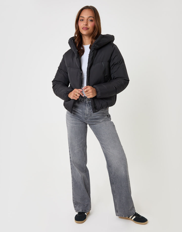Threadbare Showerproof Cropped Puffer Coat in Black - full body