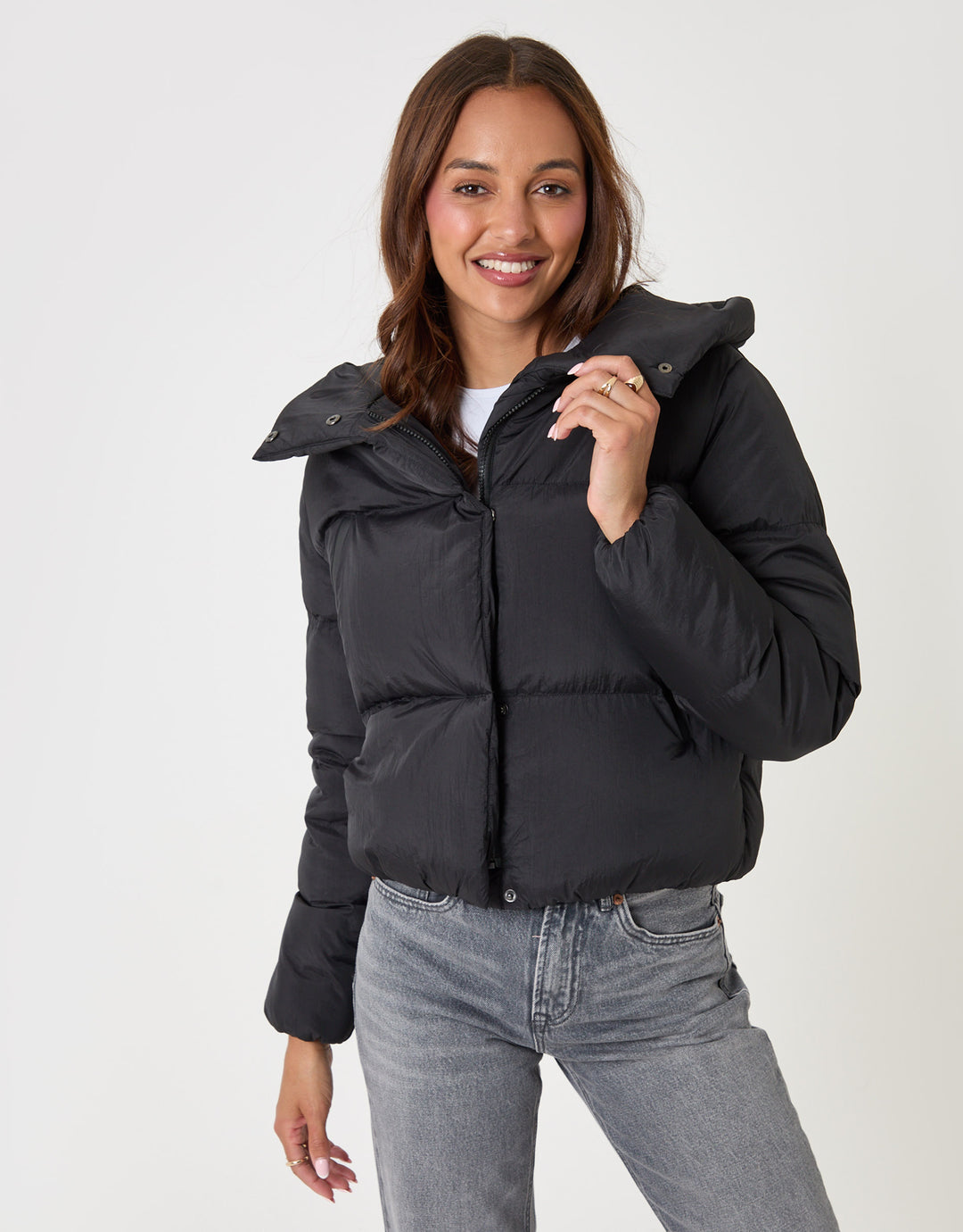 Threadbare Showerproof Cropped Puffer Coat in Black - front view