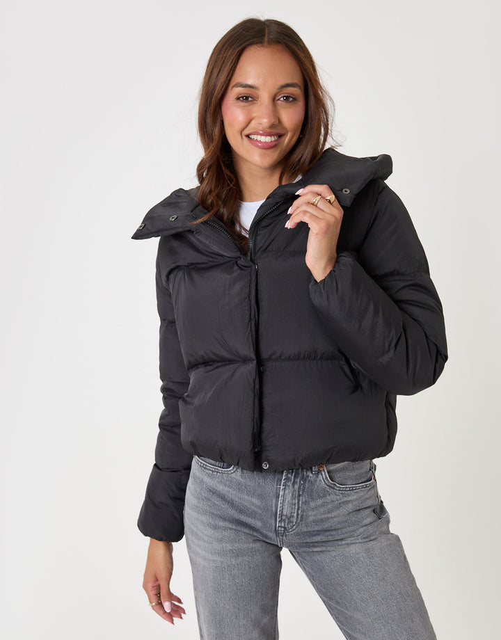 Threadbare Showerproof Cropped Puffer Coat in Black - front view
