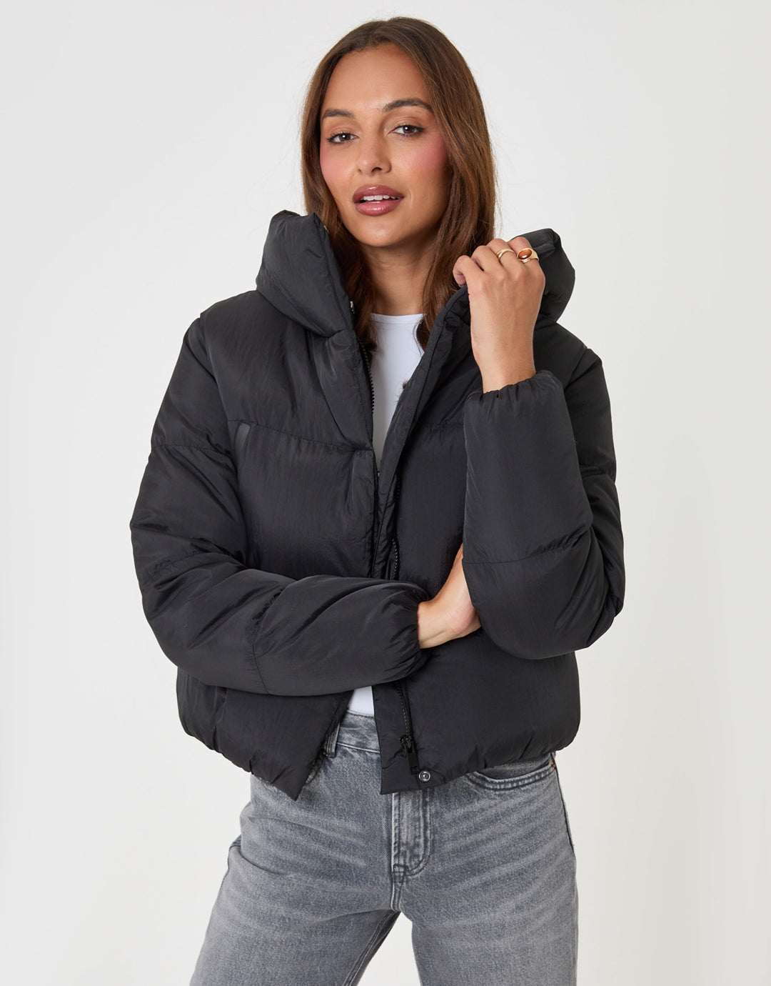 Threadbare Showerproof Cropped Puffer Coat in Black - front view