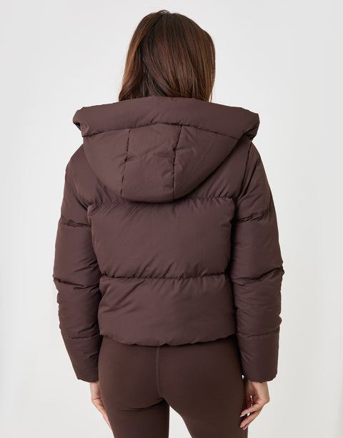 Threadbare Showerproof Cropped Puffer Coat in Chocolate Brown - back view
