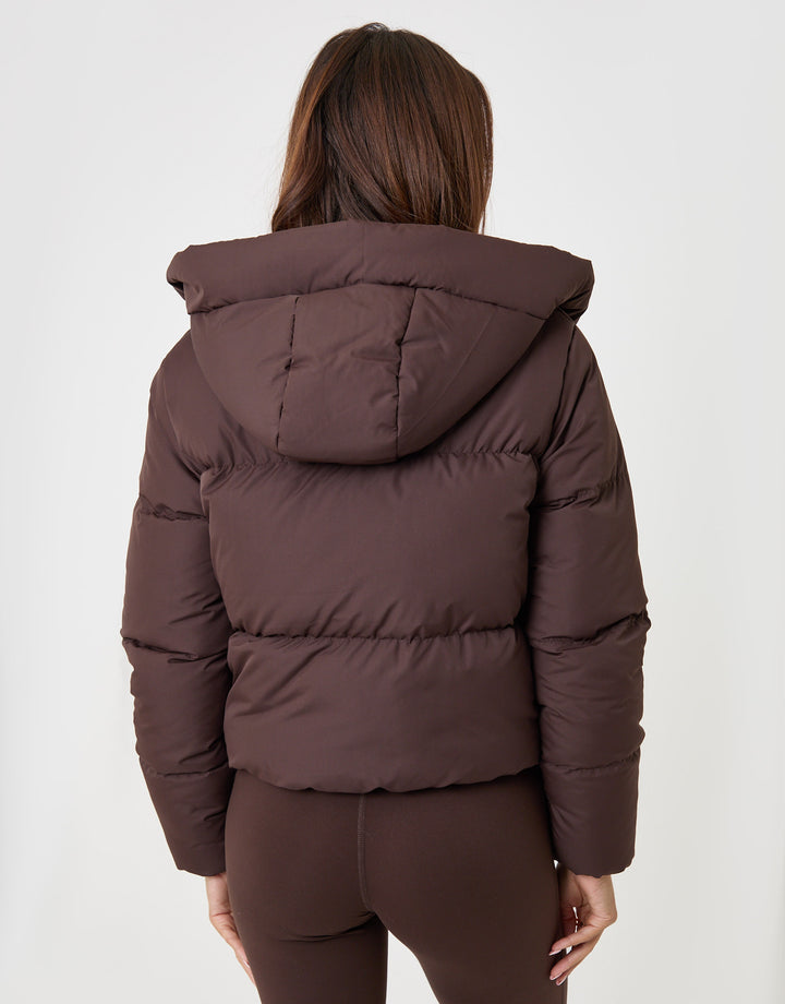 Threadbare Showerproof Cropped Puffer Coat in Chocolate Brown - back view