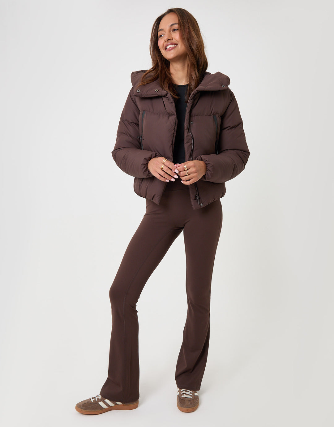 Threadbare Showerproof Cropped Puffer Coat in Chocolate Brown - full body