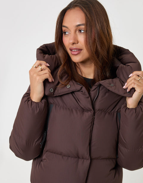 Threadbare Showerproof Cropped Puffer Coat in Chocolate Brown - close up