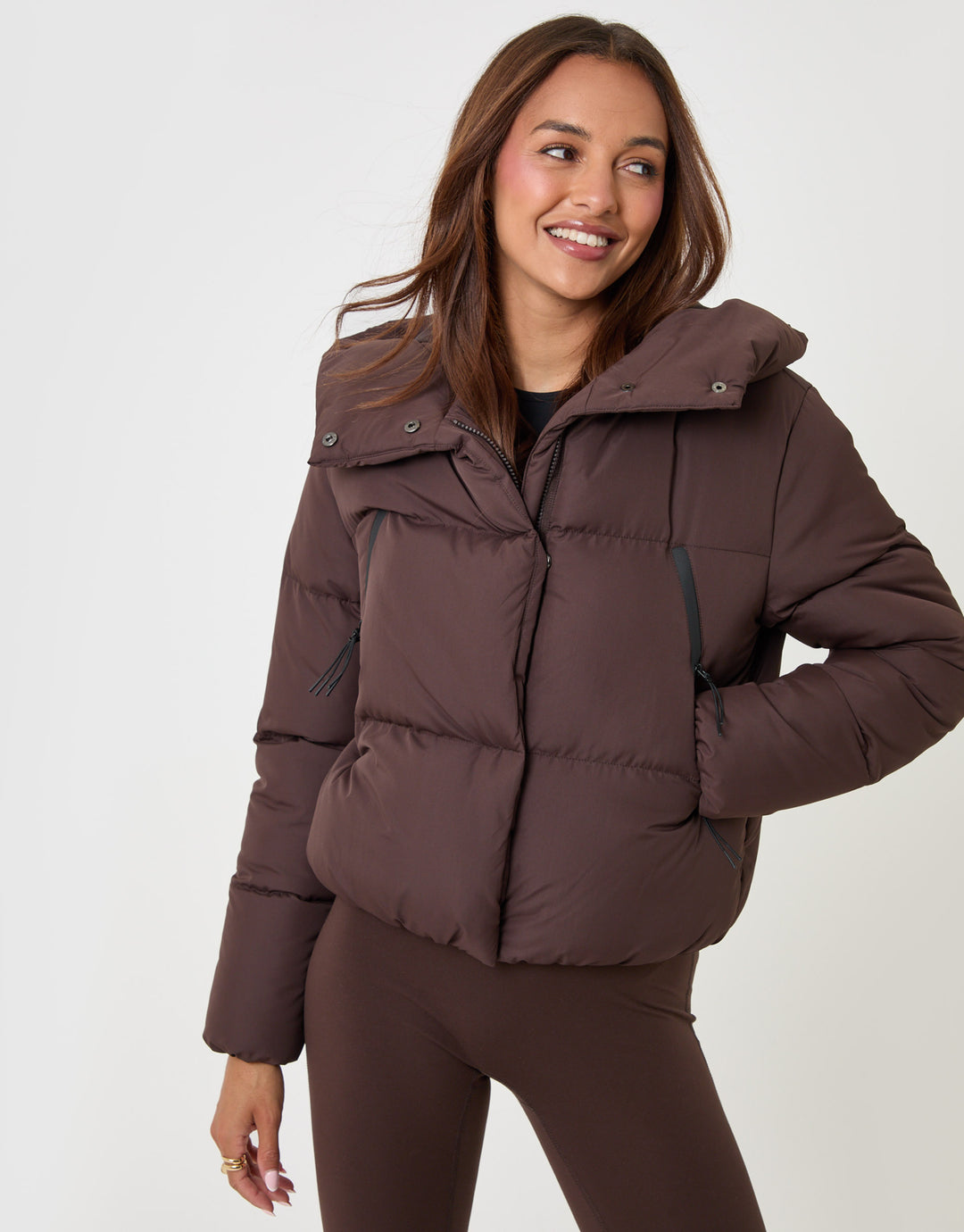 Threadbare Showerproof Cropped Puffer Coat in Chocolate Brown - front view