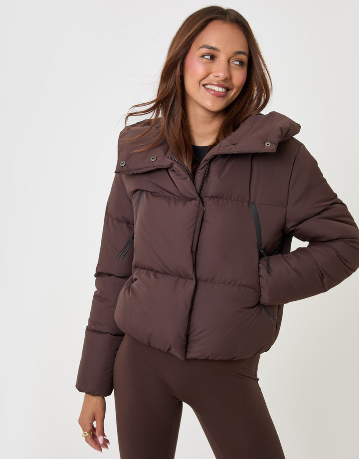 Threadbare Showerproof Cropped Puffer Coat in Chocolate Brown - front view
