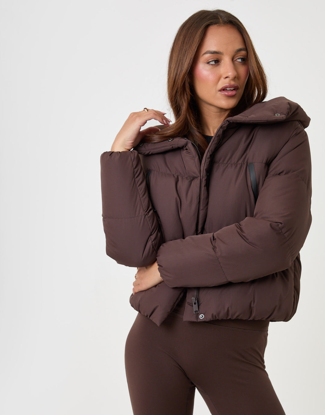 Threadbare Showerproof Cropped Puffer Coat in Chocolate Brown - front view