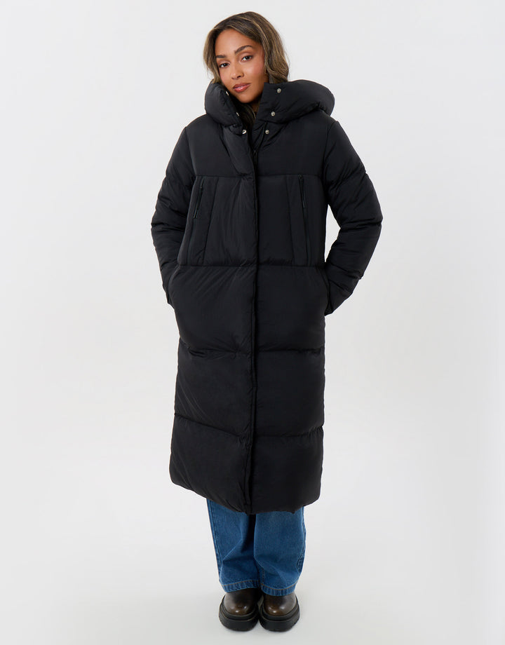 Threadbare Petite Showerproof Maxi Puffer Coat in Black - front view