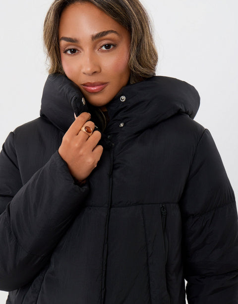 Threadbare Petite Showerproof Maxi Puffer Coat in Black - close up