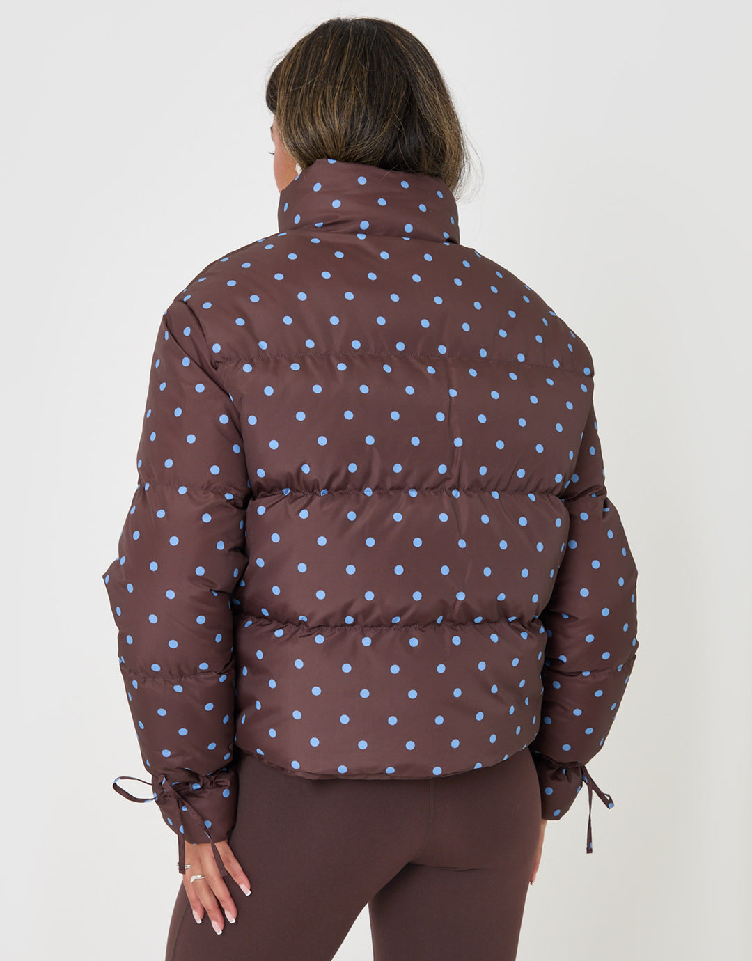 Threadbare Funnel Neck Puffer Coat in Chocolate Brown Polka Dot - back view