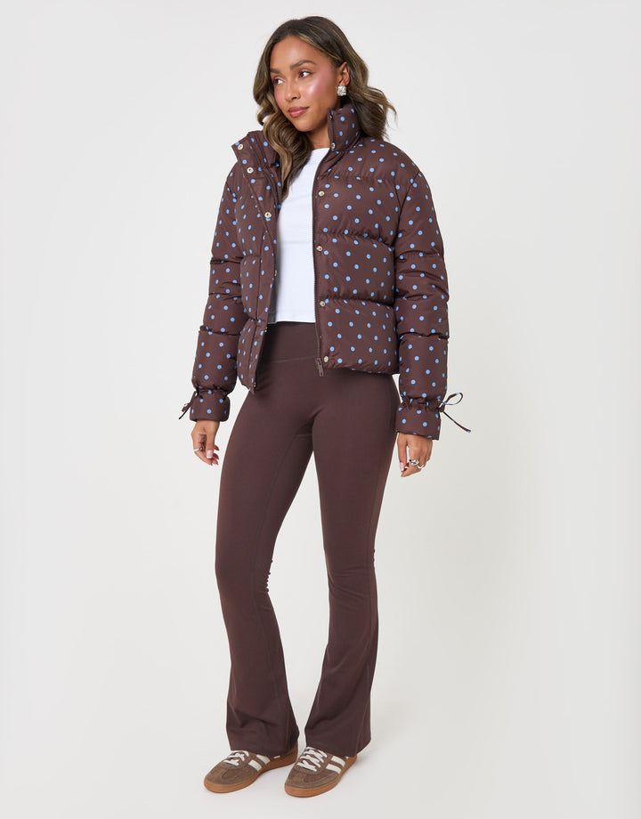 Threadbare Funnel Neck Puffer Coat in Chocolate Brown Polka Dot - full body