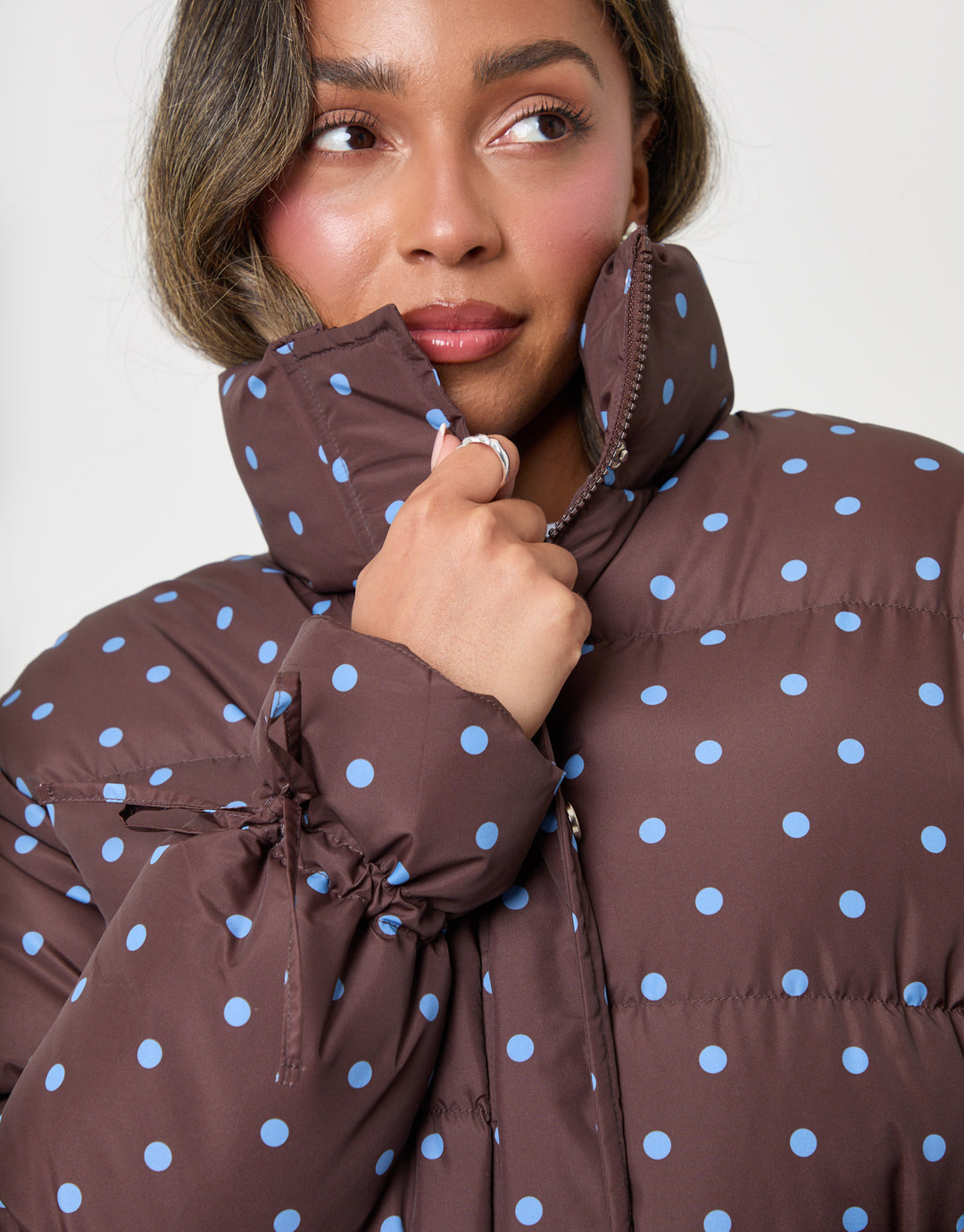 Threadbare Funnel Neck Puffer Coat in Chocolate Brown Polka Dot - close up