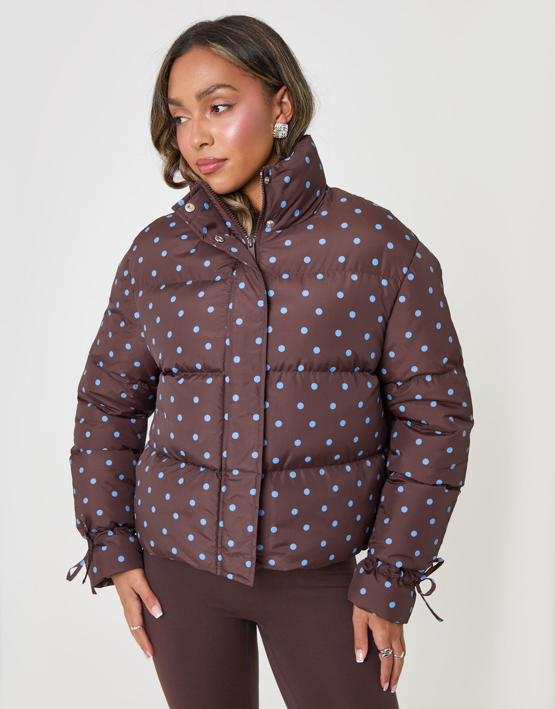 Threadbare Funnel Neck Puffer Coat in Chocolate Brown Polka Dot - front view