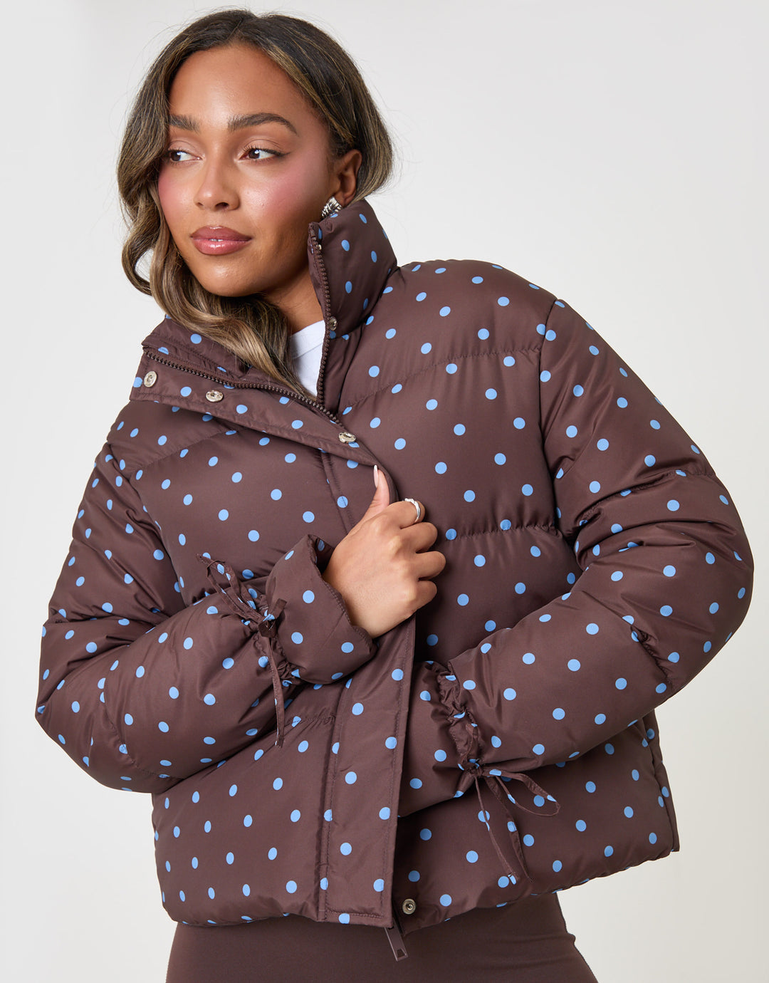 Threadbare Funnel Neck Puffer Coat in Chocolate Brown Polka Dot - front view
