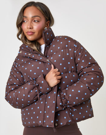 Threadbare Funnel Neck Puffer Coat in Chocolate Brown Polka Dot - front view
