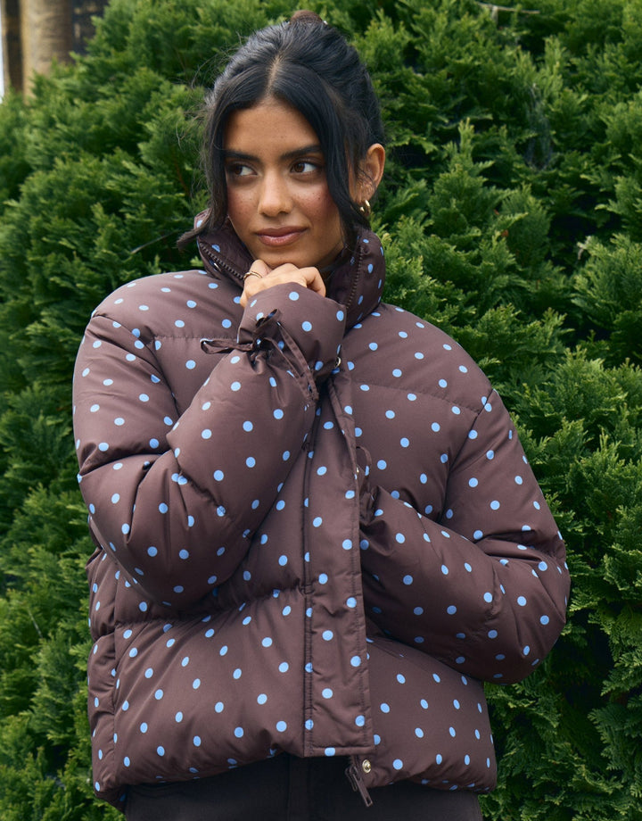 Funnel Neck Puffer Coat in Chocolate Brown Polka Dot