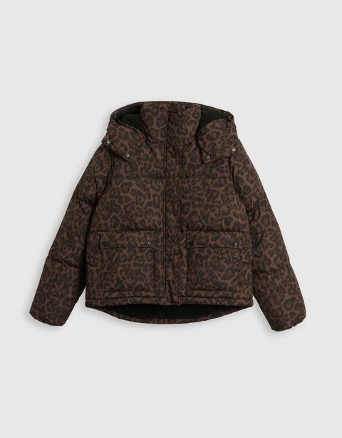 Threadbare Cropped Hooded Puffer Coat in Leopard Print - mannequin image