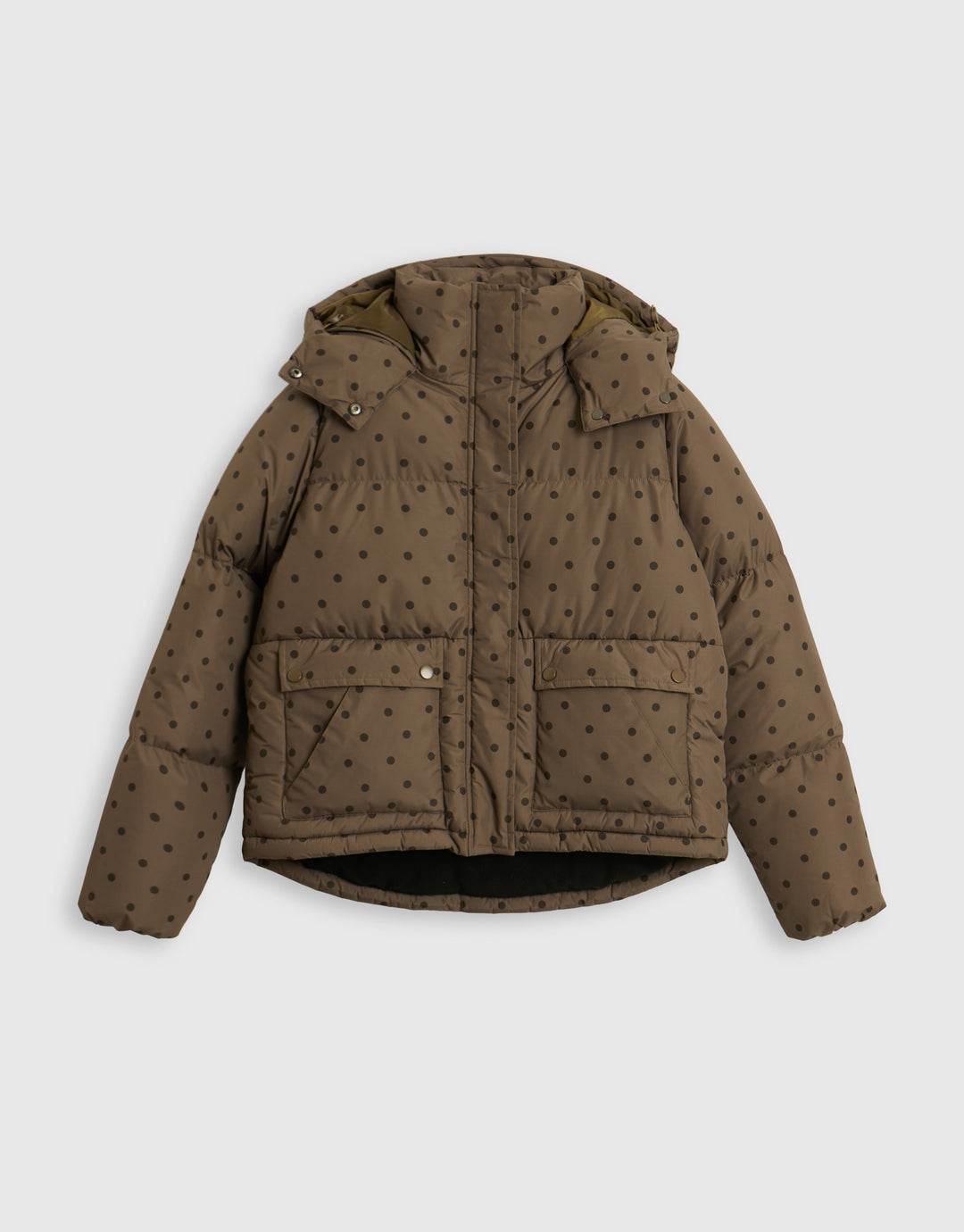 Cropped Funnel Neck Puffer Coat in Mink Brown Polka Dot