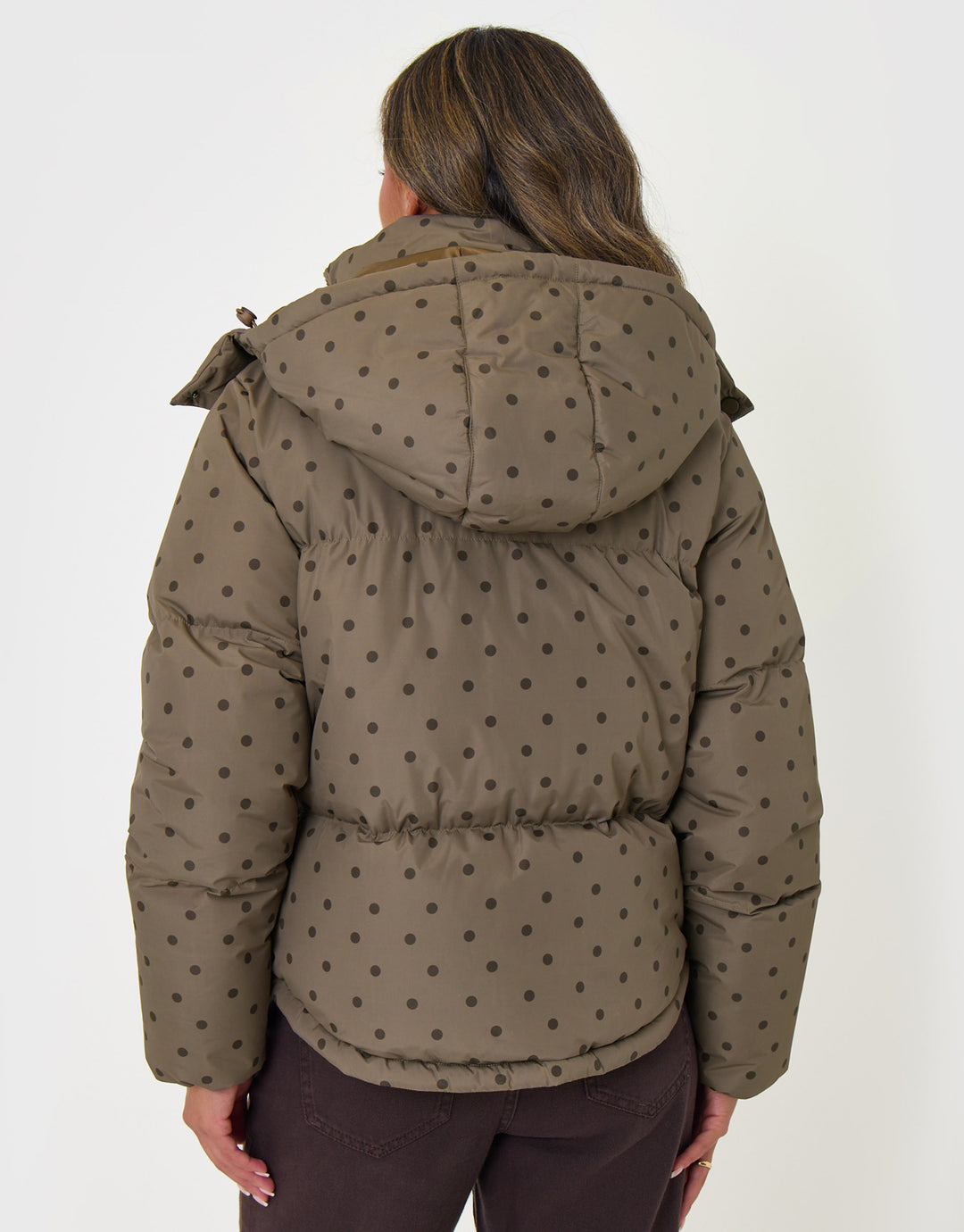 Threadbare Cropped Funnel Neck Puffer Coat in Mink Brown Polka Dot - back view