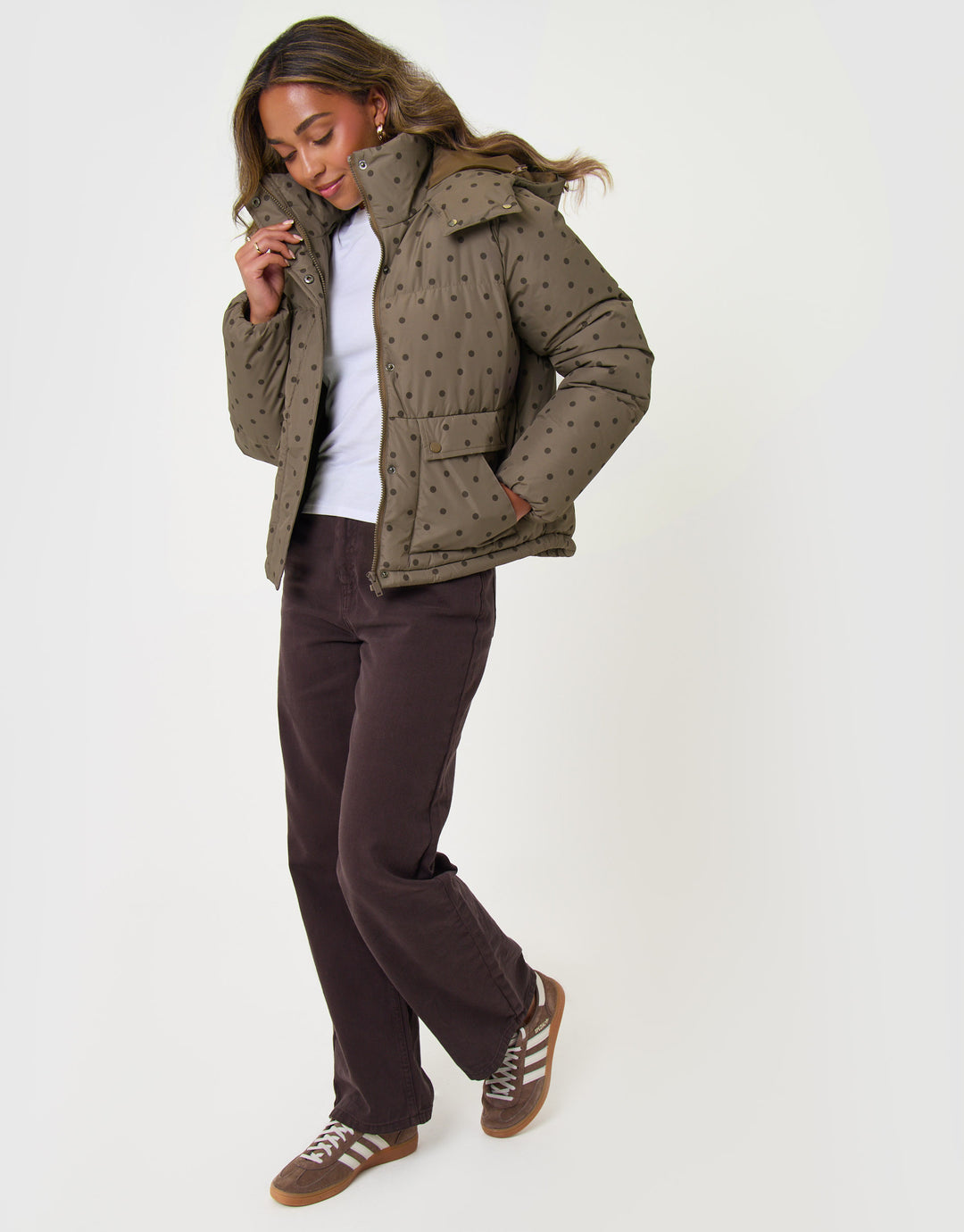 Threadbare Cropped Funnel Neck Puffer Coat in Mink Brown Polka Dot - full body