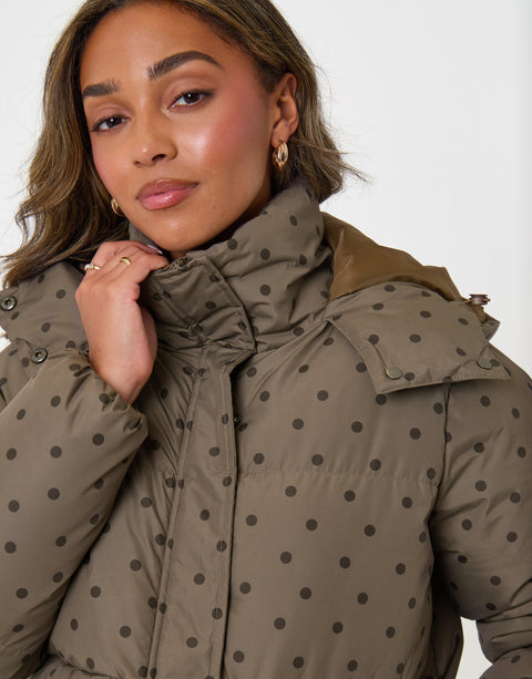 Threadbare Cropped Funnel Neck Puffer Coat in Mink Brown Polka Dot - detail
