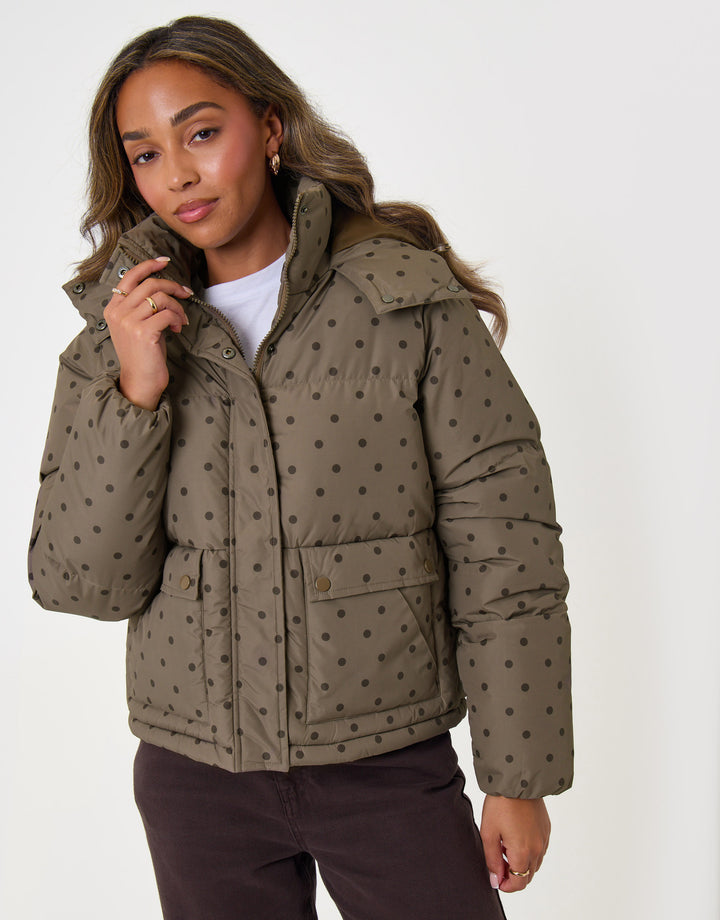Threadbare Cropped Funnel Neck Puffer Coat in Mink Brown Polka Dot - front view