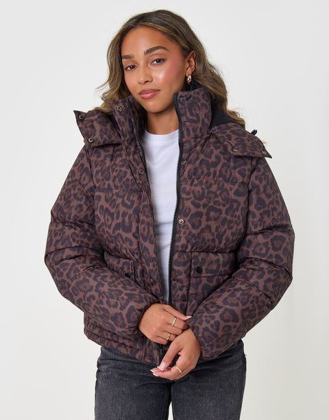 Threadbare Cropped Hooded Puffer Coat in Leopard Print - front view unzipped