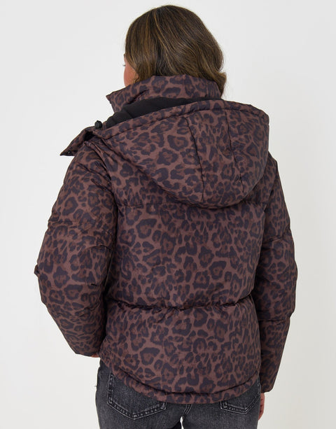 Threadbare Cropped Hooded Puffer Coat in Leopard Print - back view