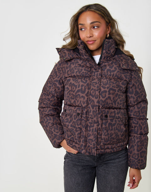 Threadbare Cropped Hooded Puffer Coat in Leopard Print - front view