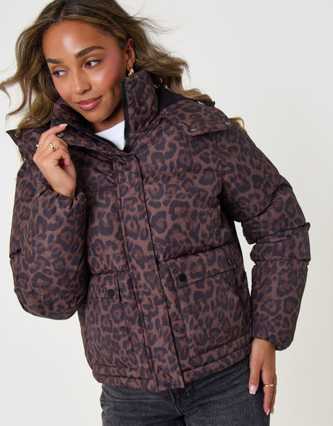 Threadbare Cropped Hooded Puffer Coat in Leopard Print - close up