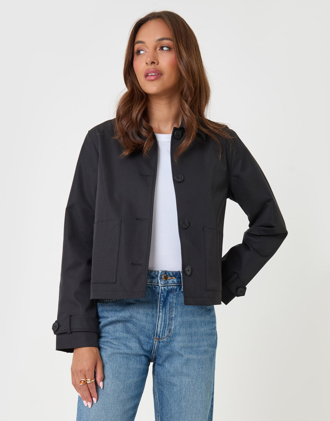 Threadbare Scarf Detail Cropped Trench Coat in Black - front view