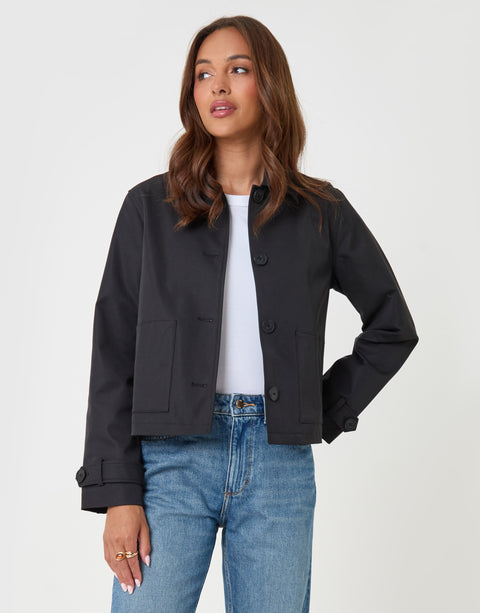 Threadbare Scarf Detail Cropped Trench Coat in Black - front view
