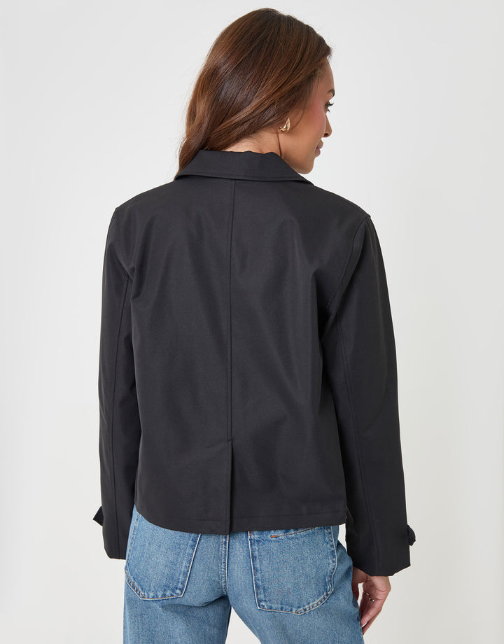 Threadbare Scarf Detail Cropped Trench Coat in Black - back view