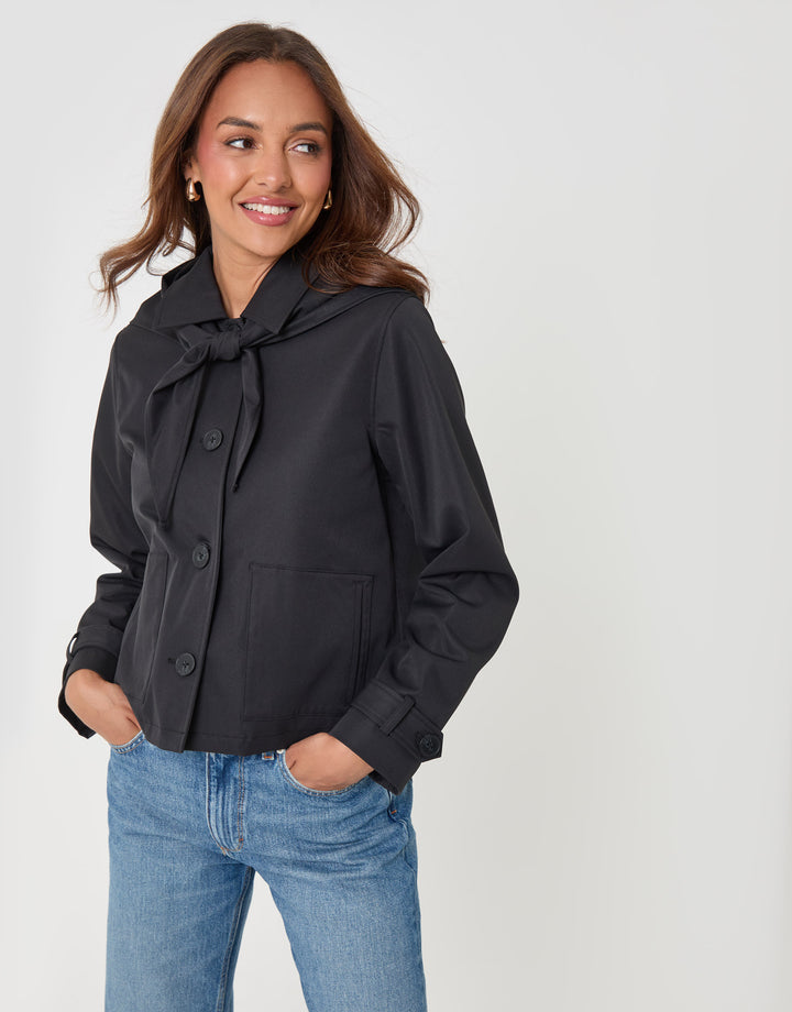 Threadbare Scarf Detail Cropped Trench Coat in Black - front with scarf