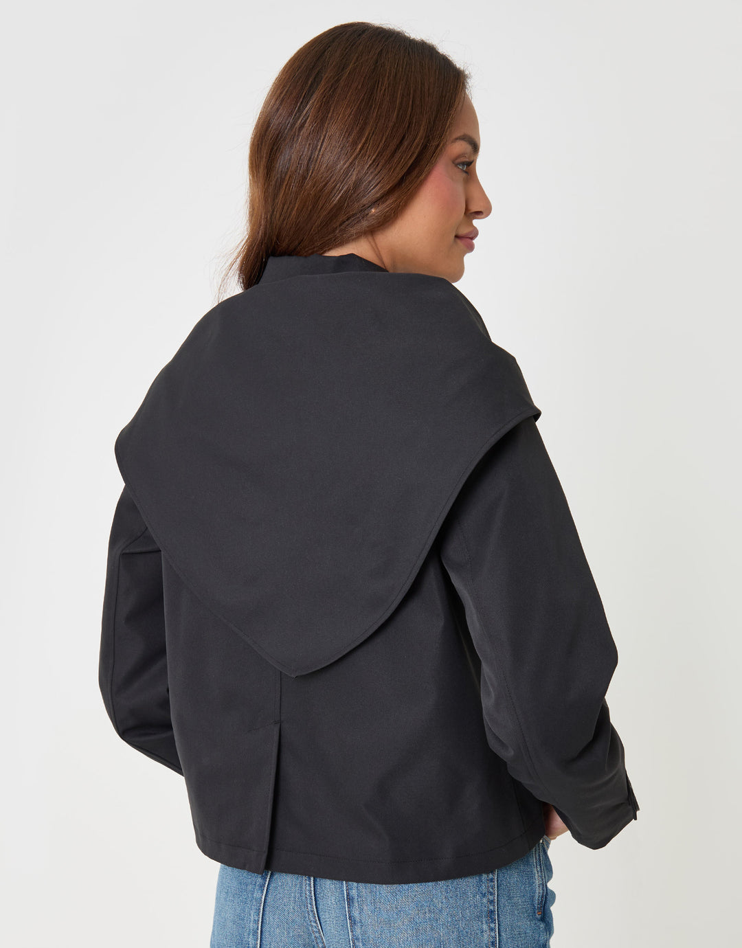 Threadbare Scarf Detail Cropped Trench Coat in Black - back view scarf