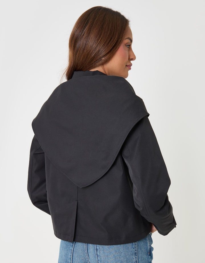Threadbare Scarf Detail Cropped Trench Coat in Black - back view scarf