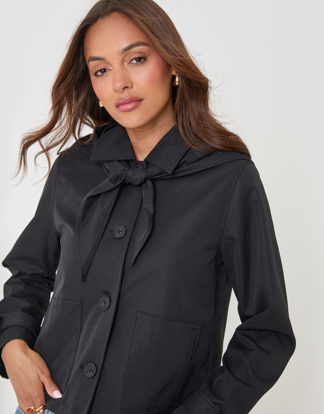 Threadbare Scarf Detail Cropped Trench Coat in Black - front view with scarf
