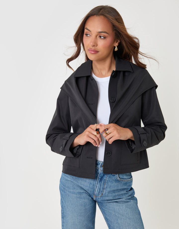 Threadbare Scarf Detail Cropped Trench Coat in Black - full body