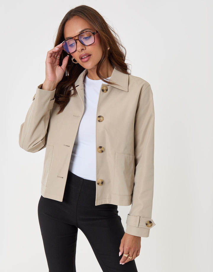 Threadbare Scarf Detail Cropped Trench Coat in Stone - front view