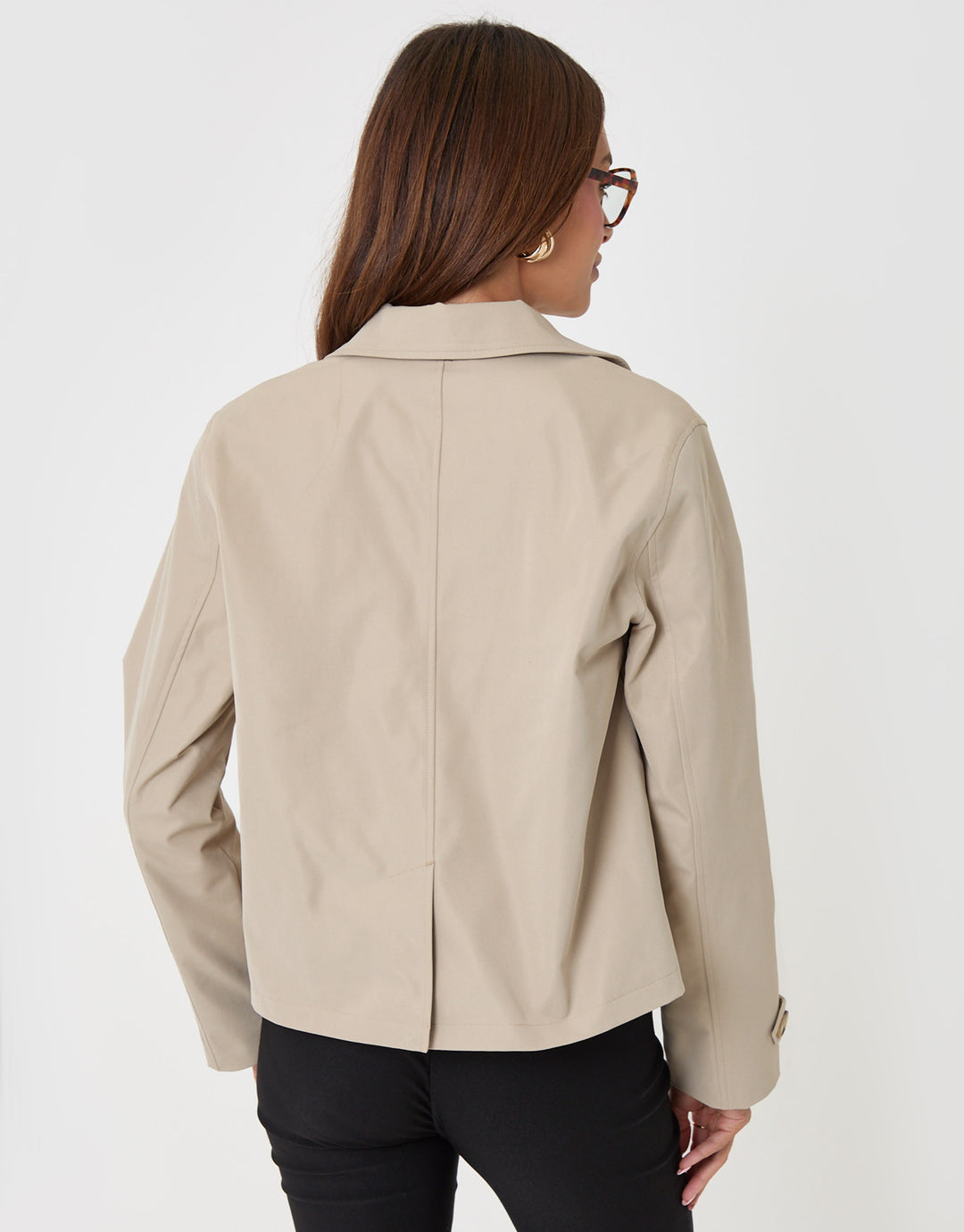 Threadbare Scarf Detail Cropped Trench Coat in Stone - back view