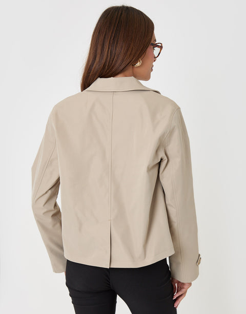 Threadbare Scarf Detail Cropped Trench Coat in Stone - back view