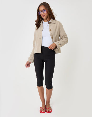 Threadbare Scarf Detail Cropped Trench Coat in Stone - full body