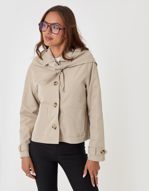 Threadbare Scarf Detail Cropped Trench Coat in Stone - front view with scarf
