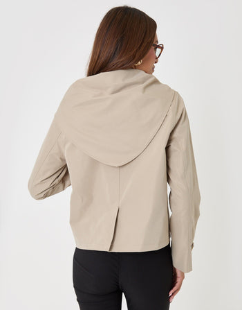 Threadbare Scarf Detail Cropped Trench Coat in Stone - back view with scarf