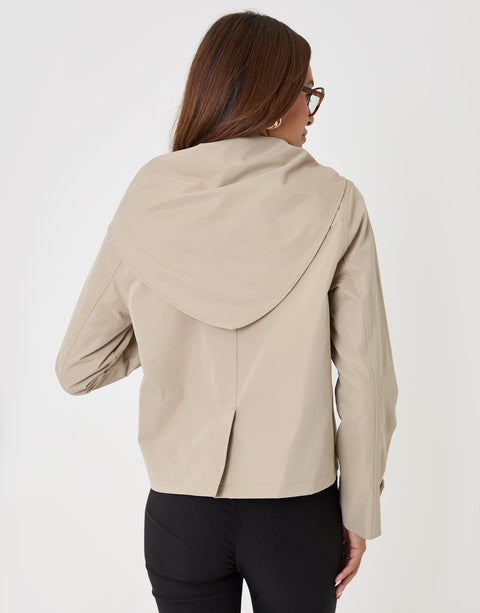 Threadbare Scarf Detail Cropped Trench Coat in Stone - back view with scarf