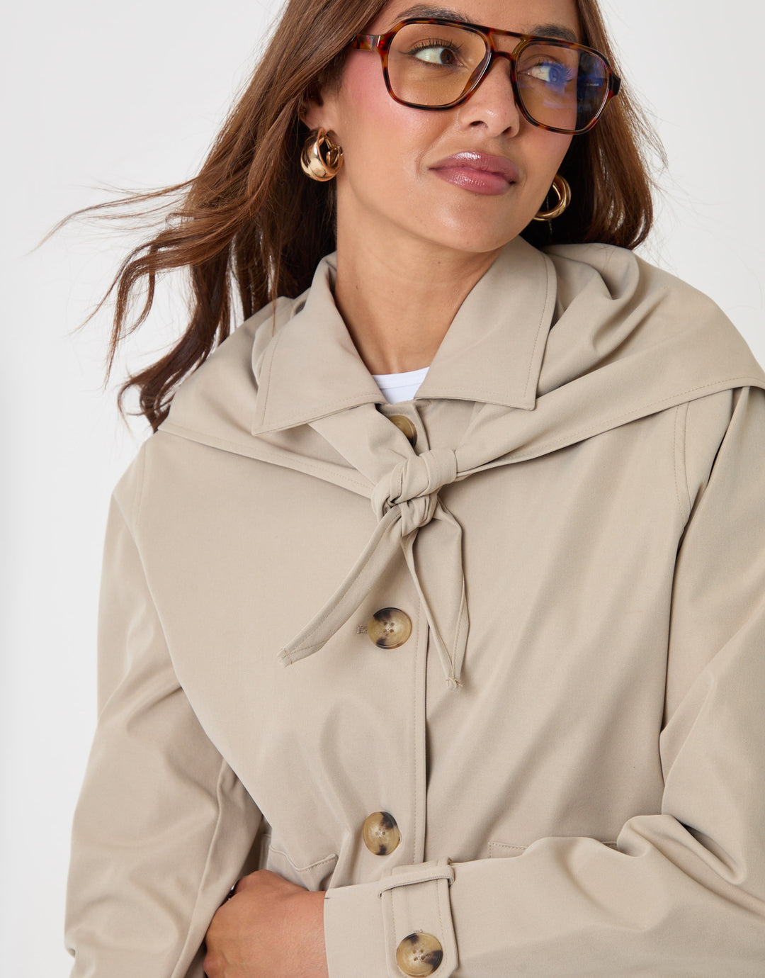 Threadbare Scarf Detail Cropped Trench Coat in Stone - close up with scarf